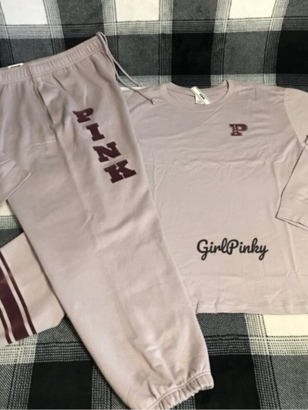 VS PINK CAMPUS SWEATPANTS OUTFIT & LONG SLEEVE CAMPUS TEE VIOLET ASHES L & XXL